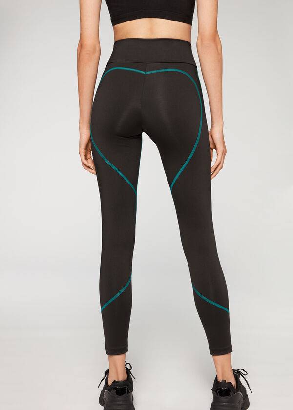 black green calzedonia contrast seam performance athletic womens leggings