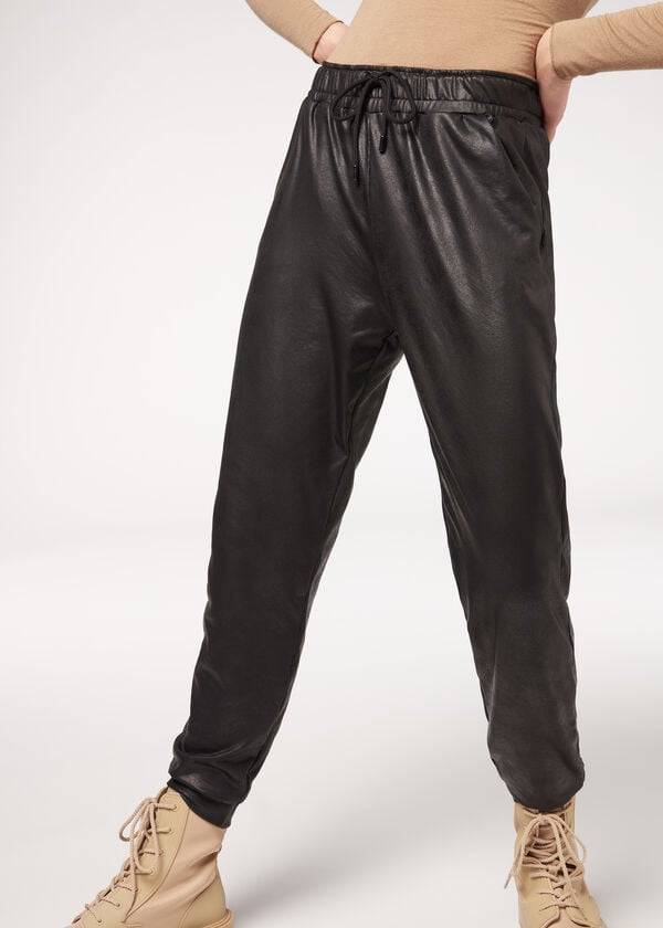 black calzedonia leather effect thermal womens pants