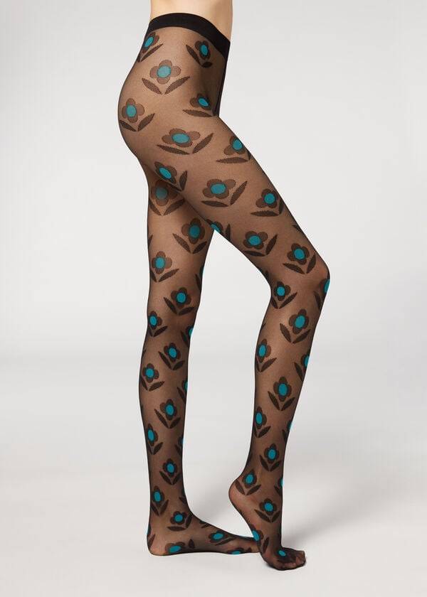 womens calzedonia macro daisy micronet patterned tight black blue