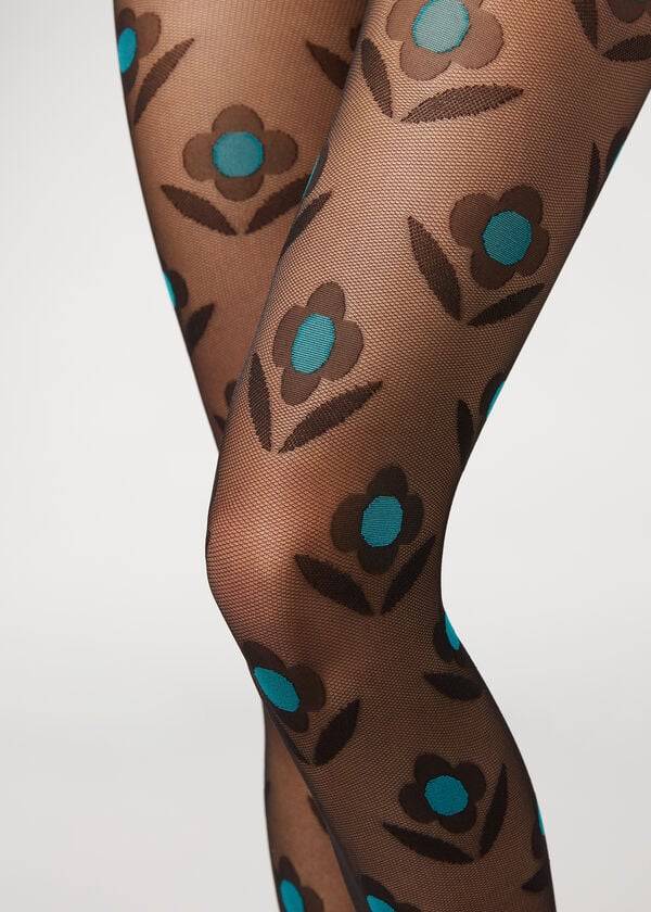 womens calzedonia macro daisy micronet patterned tight black blue