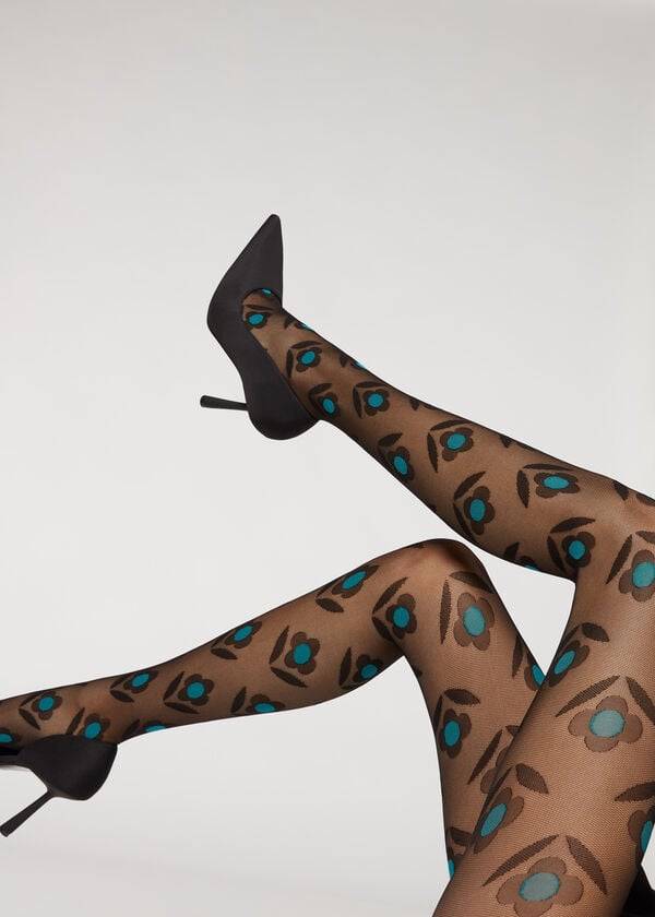 womens calzedonia macro daisy micronet patterned tight black blue