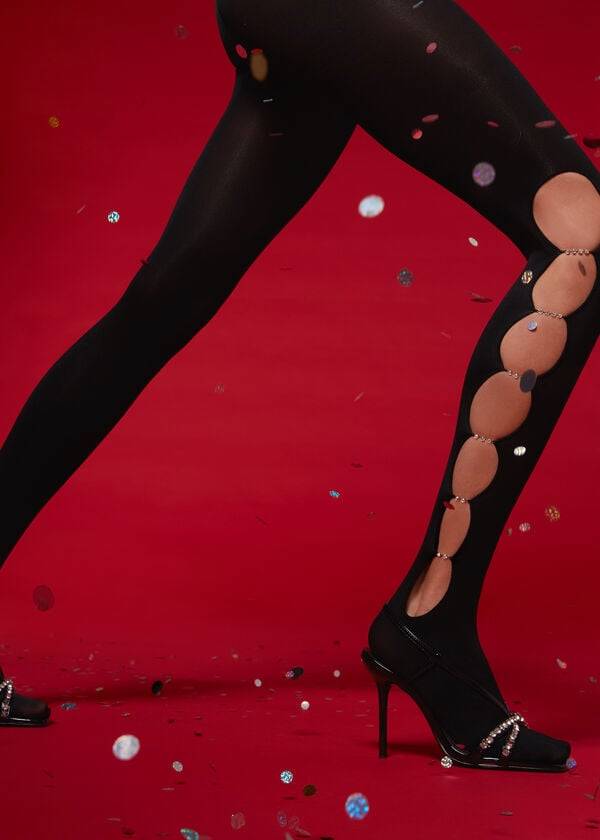 black womens calzedonia rhinestone cut out 100 denier opaque eco patterned tight